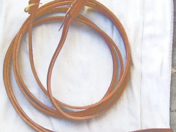 Leather reins coiled on white fabric