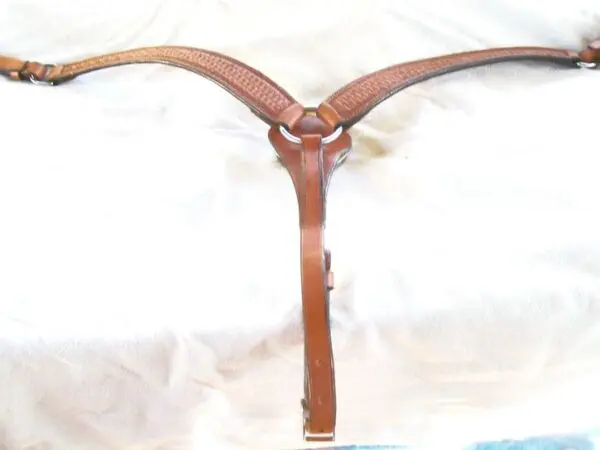 Leather horse breast collar on display