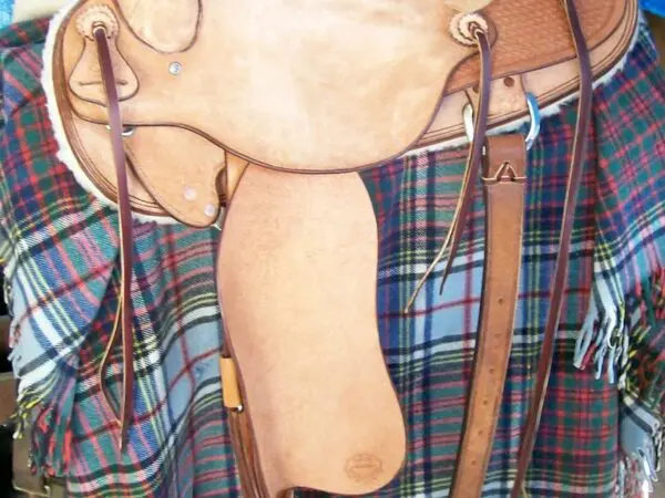 Leather saddle on plaid blanket