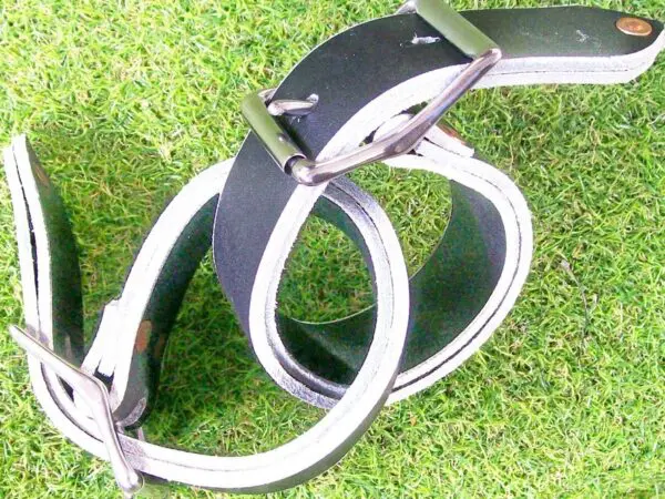 Leather belt coiled on grass