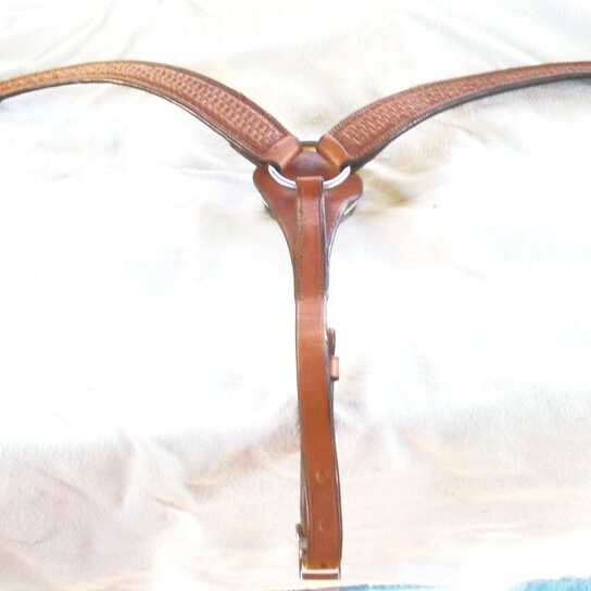 Leather horse breast collar on display