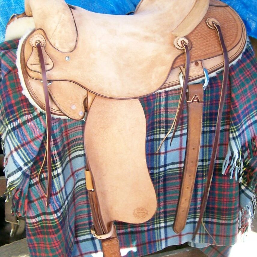 Leather saddle on plaid blanket