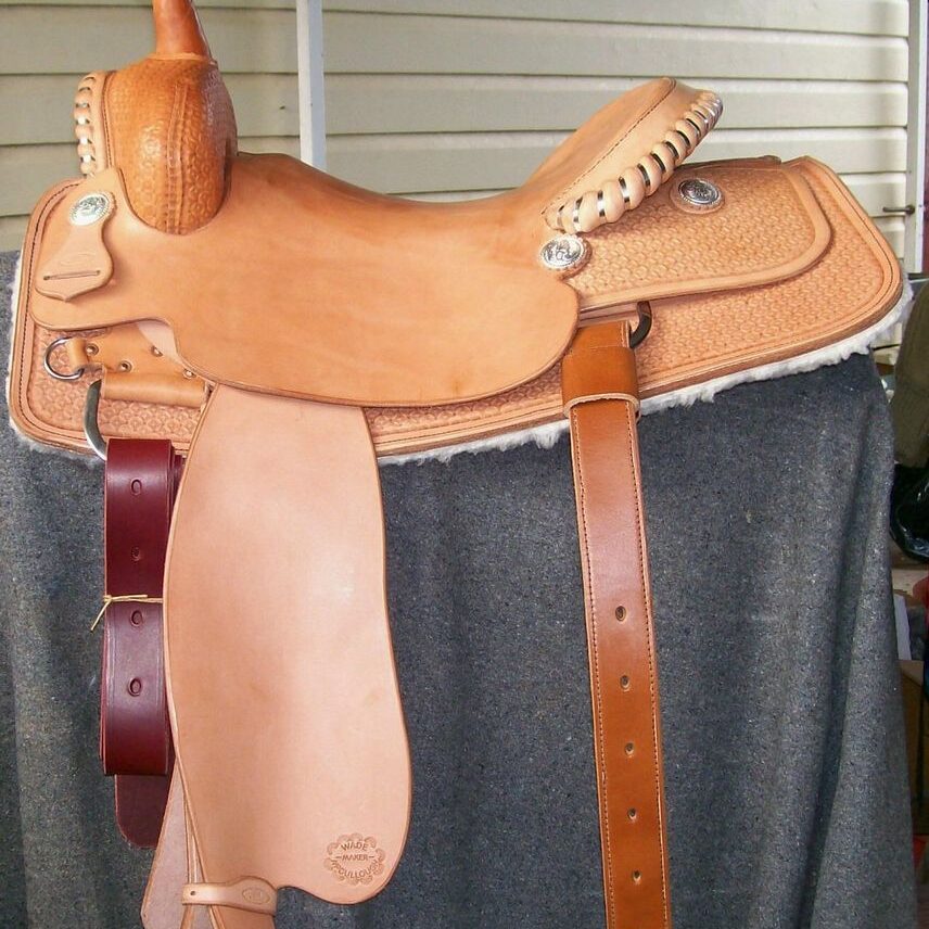 Leather horse saddle on display