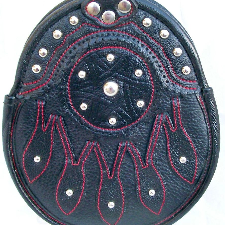 Leather sporran with red stitching and studs
