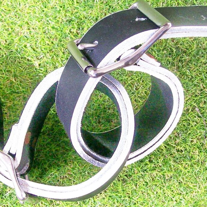 Leather belt coiled on grass