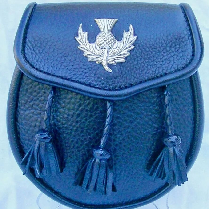 Black sporran with silver thistle emblem