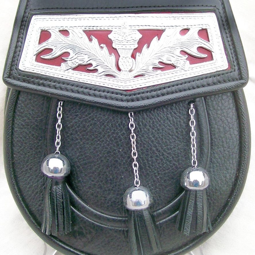 Black leather sporran with silver tassels