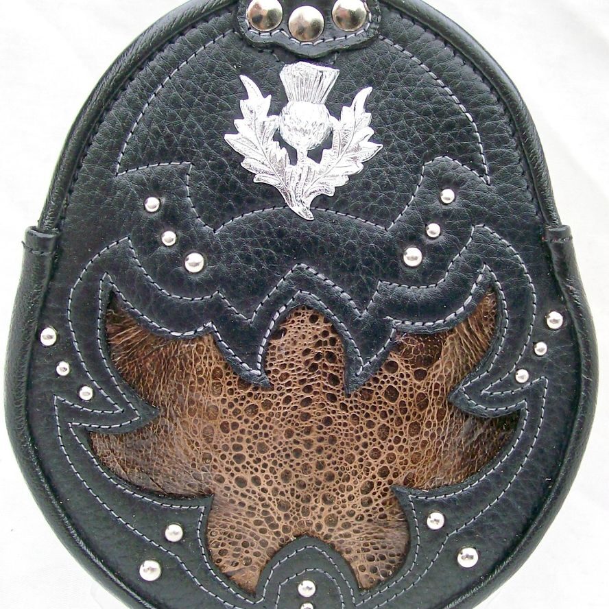 Black sporran featuring silver detailing